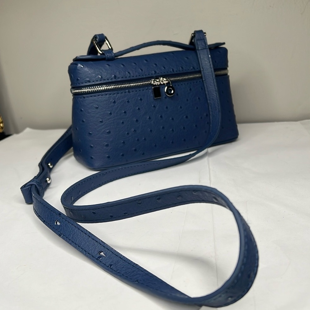 Blue Ostrich Pattern Rice Box Small Crossbody Bag Vegan Leather Handbag